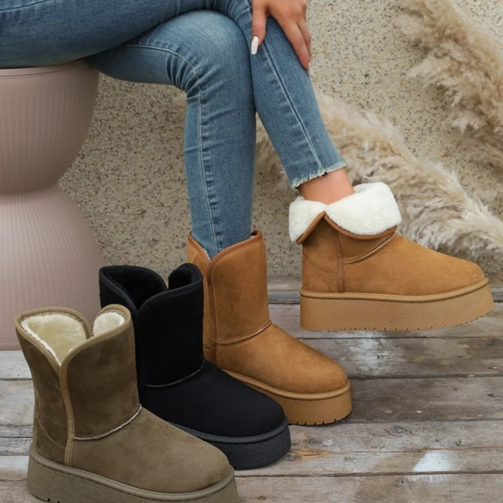 Platform Classic Short Boot Plush Faux Fur Vegan Suede Chunky Lug Winter Shoes